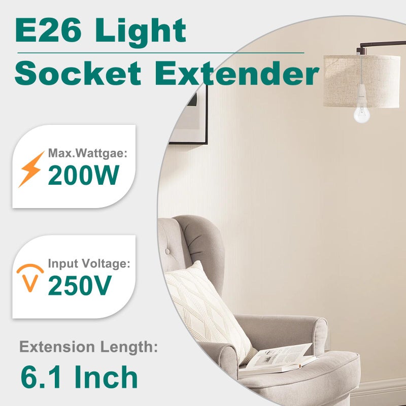 DiCUNO E26 15.5CM/6.1Inch Extension Socket Extender Adapter, E26 Flexible Extender, All-Directional Adjustable, Standard Light Bulb Socket Extension Converter, 2-Pack - Image 2